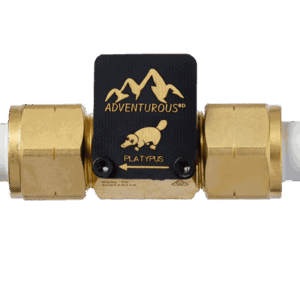 Brass inline water filter with Adventurous Platypus logo connected to a blue flexible water hose | Adventurous BD